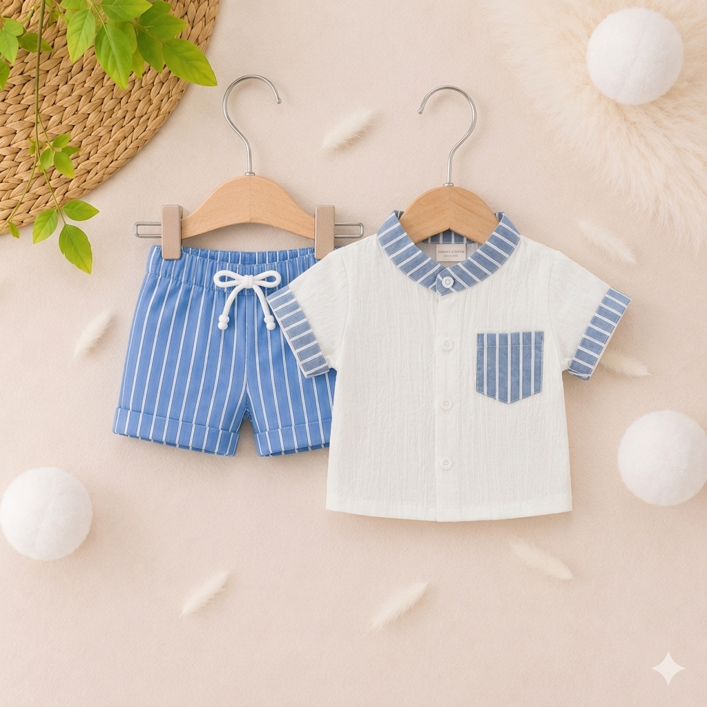 Baby Boys White & Sky Blue Striped Summer Co-Ord Set
