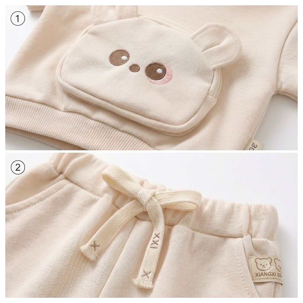 Adorable Bear-Ear Hoodie & Shorts Co-ord Set for Babies – Soft Cotton, Cute Pouch Pocket Design (Cream/Brown)