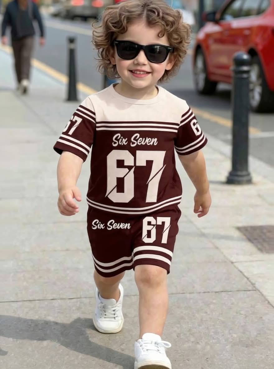 Cute Six Seven 67 Kids Summer Co-Ord Set | Soft Cotton T-Shirt & Shorts Outfit for Boys & Girls