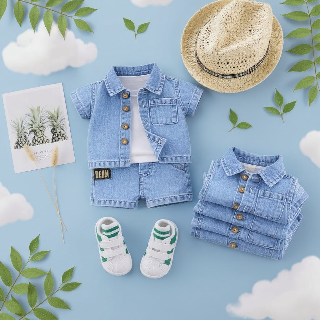 ✨ Cute Baby Denim Outfit Set – Shirt, T-Shirt & Shorts Combo 👶💙