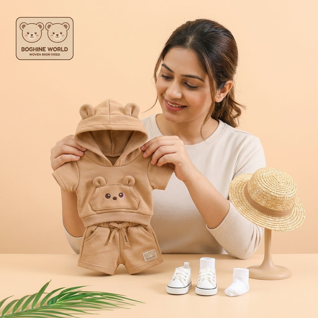 Adorable Bear-Ear Hoodie & Shorts Co-ord Set for Babies – Soft Cotton, Cute Pouch Pocket Design (Cream/Brown)