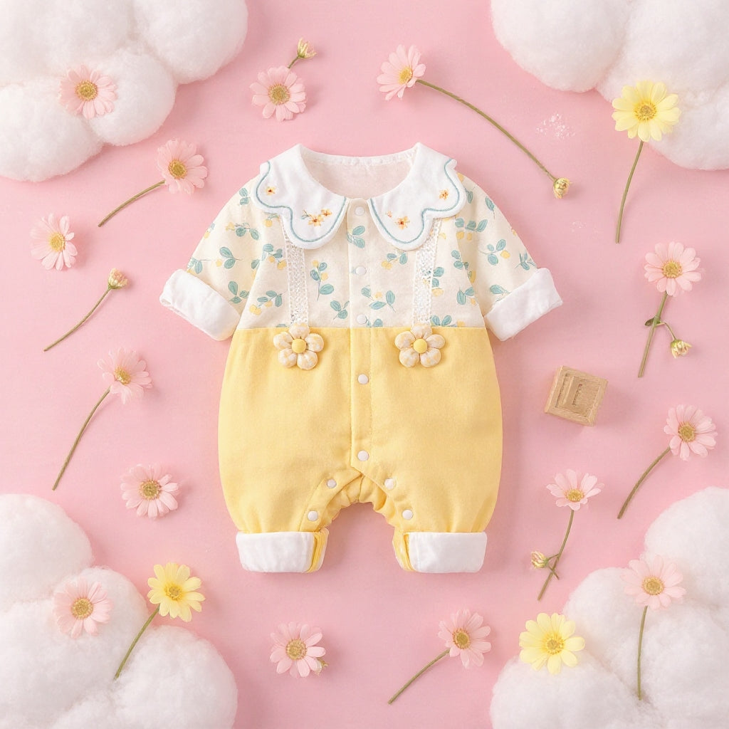 Sunshine Blossom Baby Romper – Soft Summer Floral Cotton Outfit for Girls 🌼👶