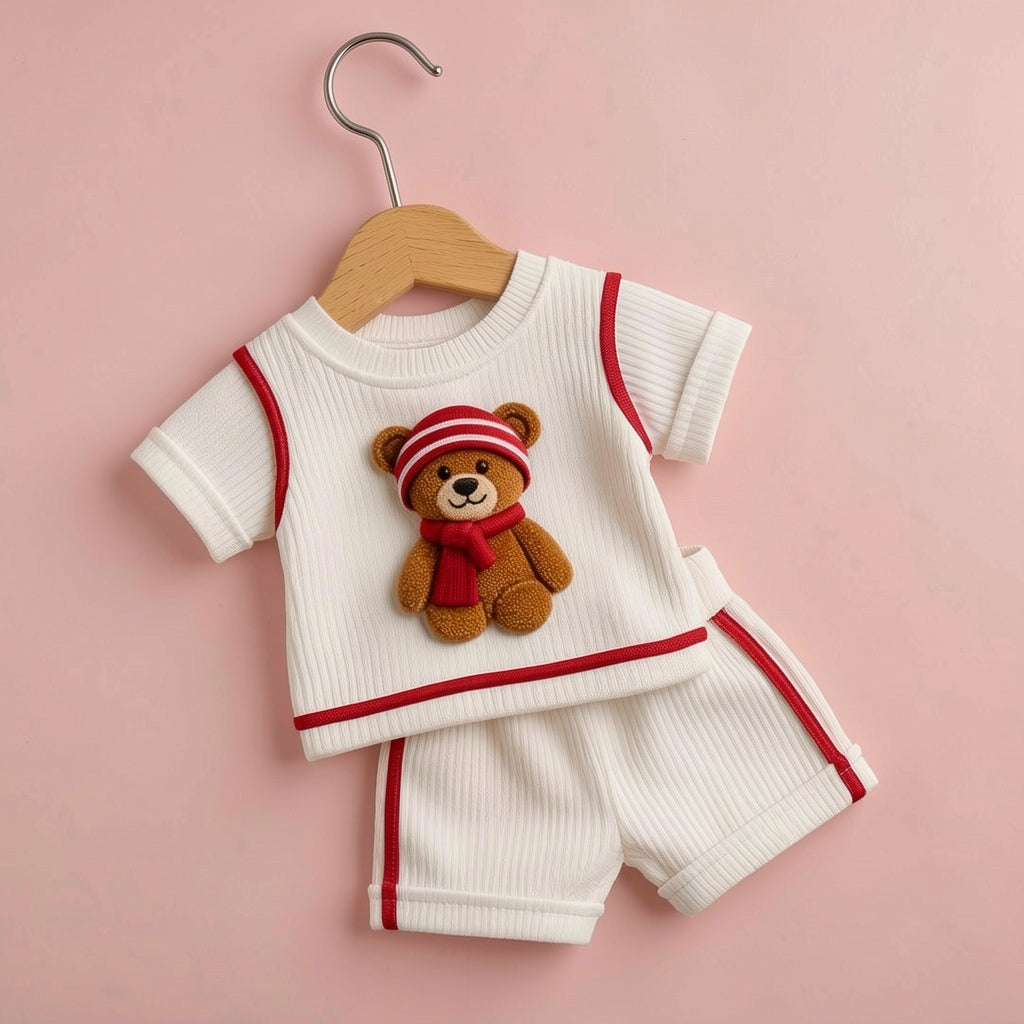 Cute Teddy Bear White & Red Ribbed Co-ord Set for Babies 🧸