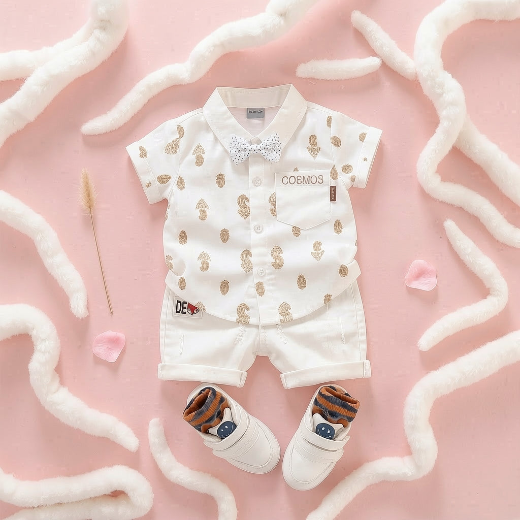 Baby Boys Formal Summer Outfit Set with Bow Tie & Shorts – Available in White, Black & Sky Blue