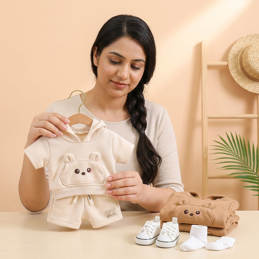 Adorable Bear-Ear Hoodie & Shorts Co-ord Set for Babies – Soft Cotton, Cute Pouch Pocket Design (Cream/Brown)