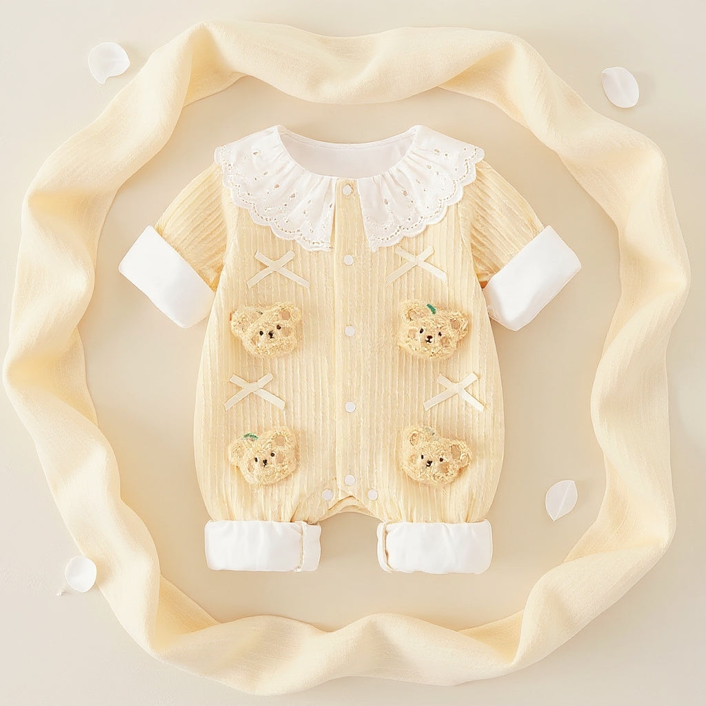 Summer Journey Baby Romper – Pink, Light Yellow & Beige Cute Teddy Cotton Outfit (C