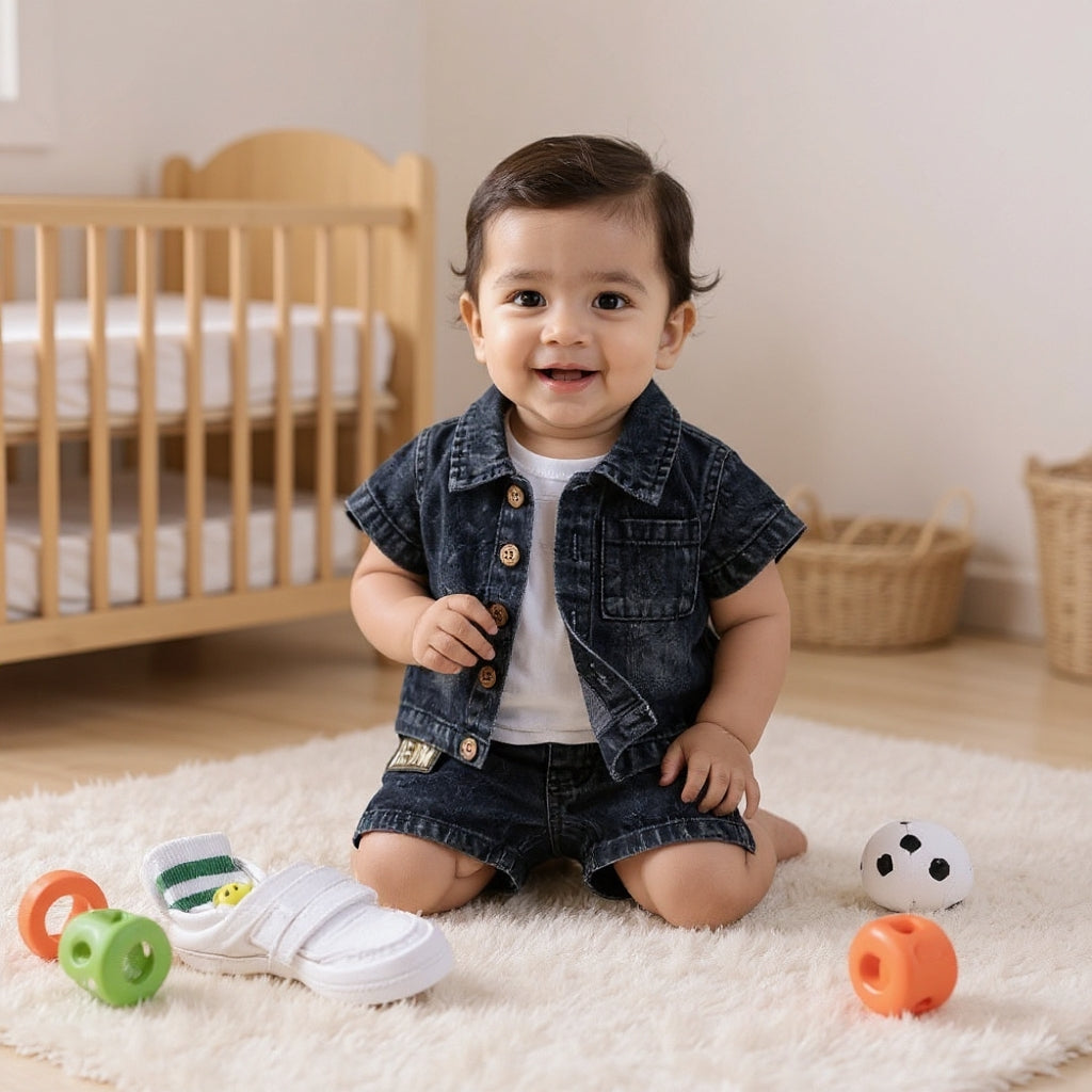 Baby & Kids Denim Co-ord Set | Shirt + T-Shirt + Shorts | Unisex (8M–5Y)