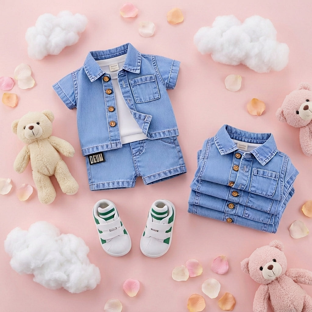 ✨ Cute Baby Denim Outfit Set – Shirt, T-Shirt & Shorts Combo 👶💙