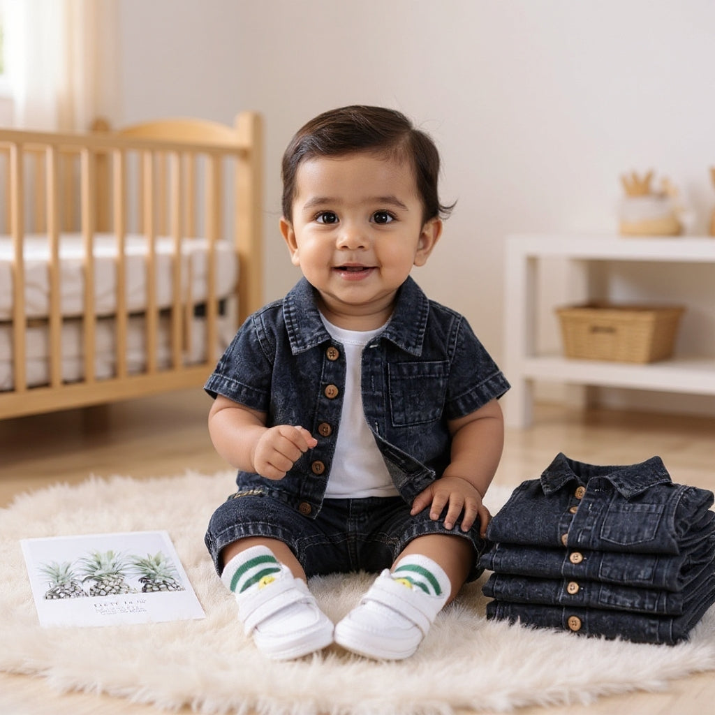 Baby & Kids Denim Co-ord Set | Shirt + T-Shirt + Shorts | Unisex (8M–5Y)