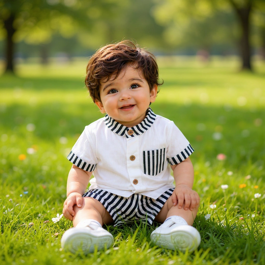 Stylish Kids Summer Co-ord Set | Black & White Striped Half Sleeve Shirt & Shorts Outfit