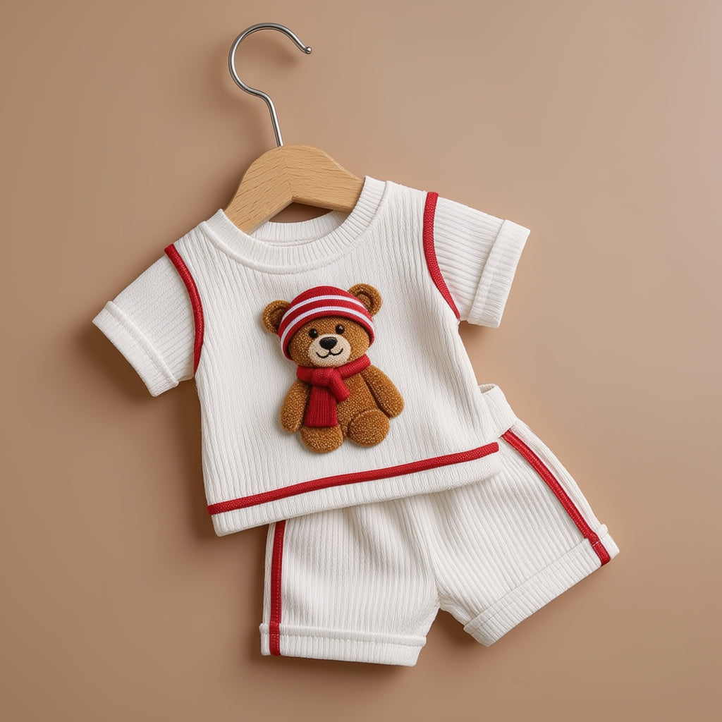 Cute Teddy Bear White & Red Ribbed Co-ord Set for Babies 🧸
