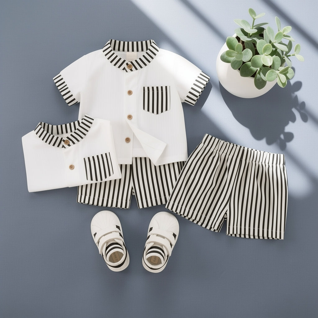 Stylish Kids Summer Co-ord Set | Black & White Striped Half Sleeve Shirt & Shorts Outfit