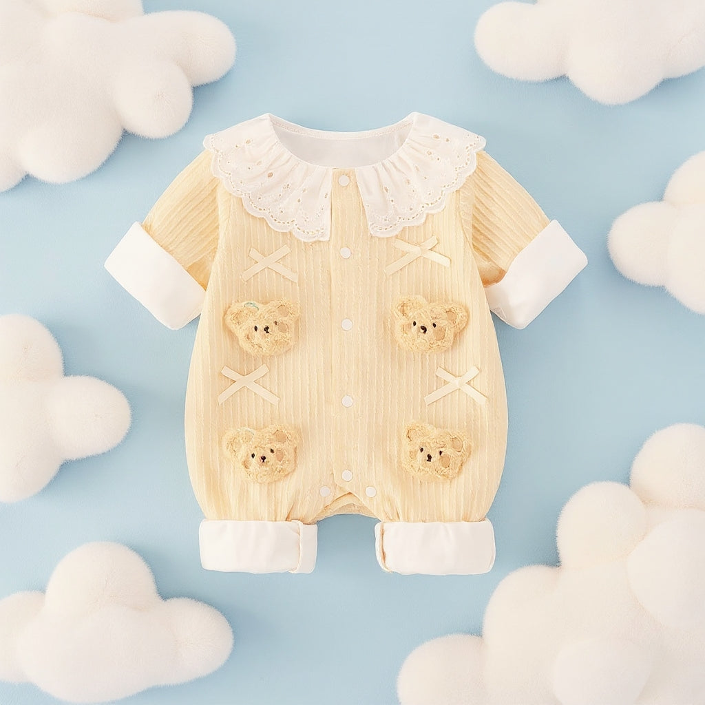 Summer Journey Baby Romper – Pink, Light Yellow & Beige Cute Teddy Cotton Outfit (C