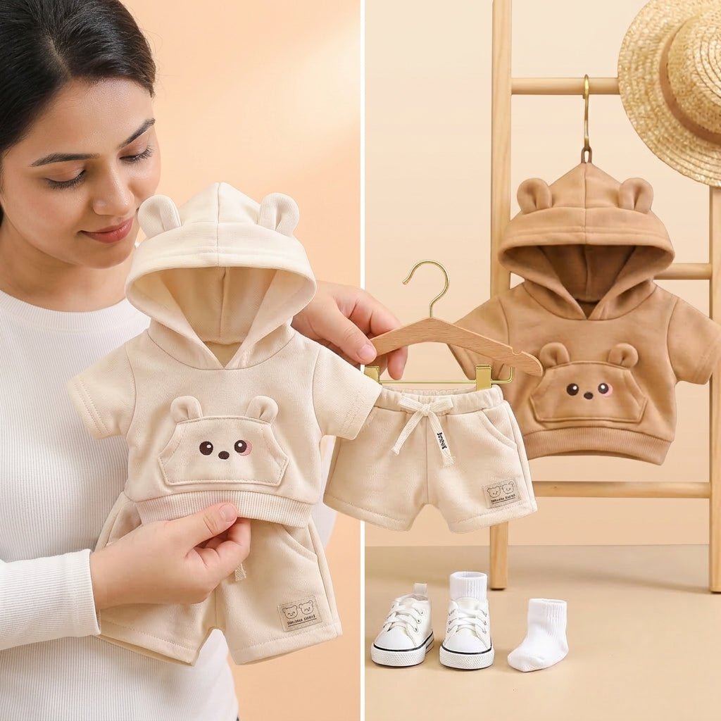 Adorable Bear-Ear Hoodie & Shorts Co-ord Set for Babies – Soft Cotton, Cute Pouch Pocket Design (Cream/Brown)