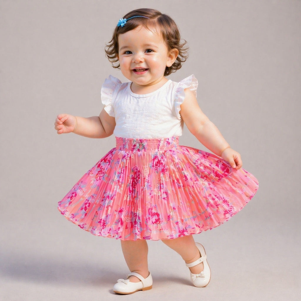 Baby Girls Pink Floral Pleated Skirt | Soft Elastic Waist | Cute Stylish Single Piece Skirt