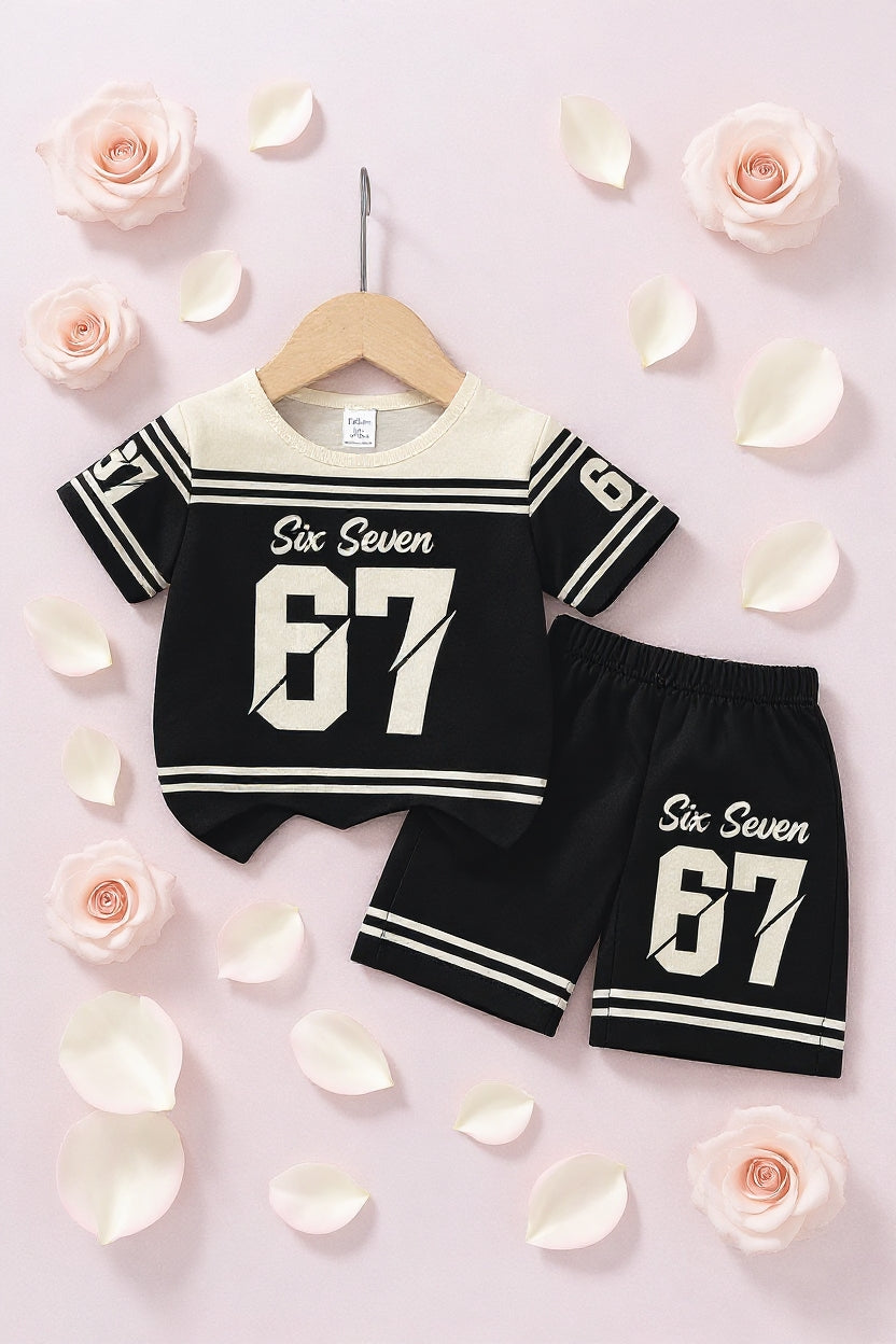 Cute Six Seven 67 Kids Summer Co-Ord Set | Soft Cotton T-Shirt & Shorts Outfit for Boys & Girls
