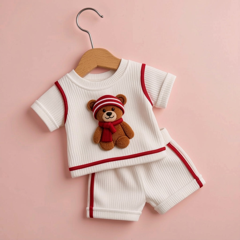 Cute Teddy Bear White & Red Ribbed Co-ord Set for Babies 🧸