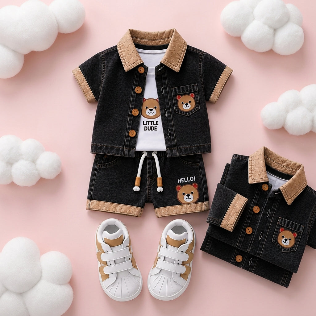 Baby Boys Denim Bear Printed Shirt & Shorts Set 💙🐻