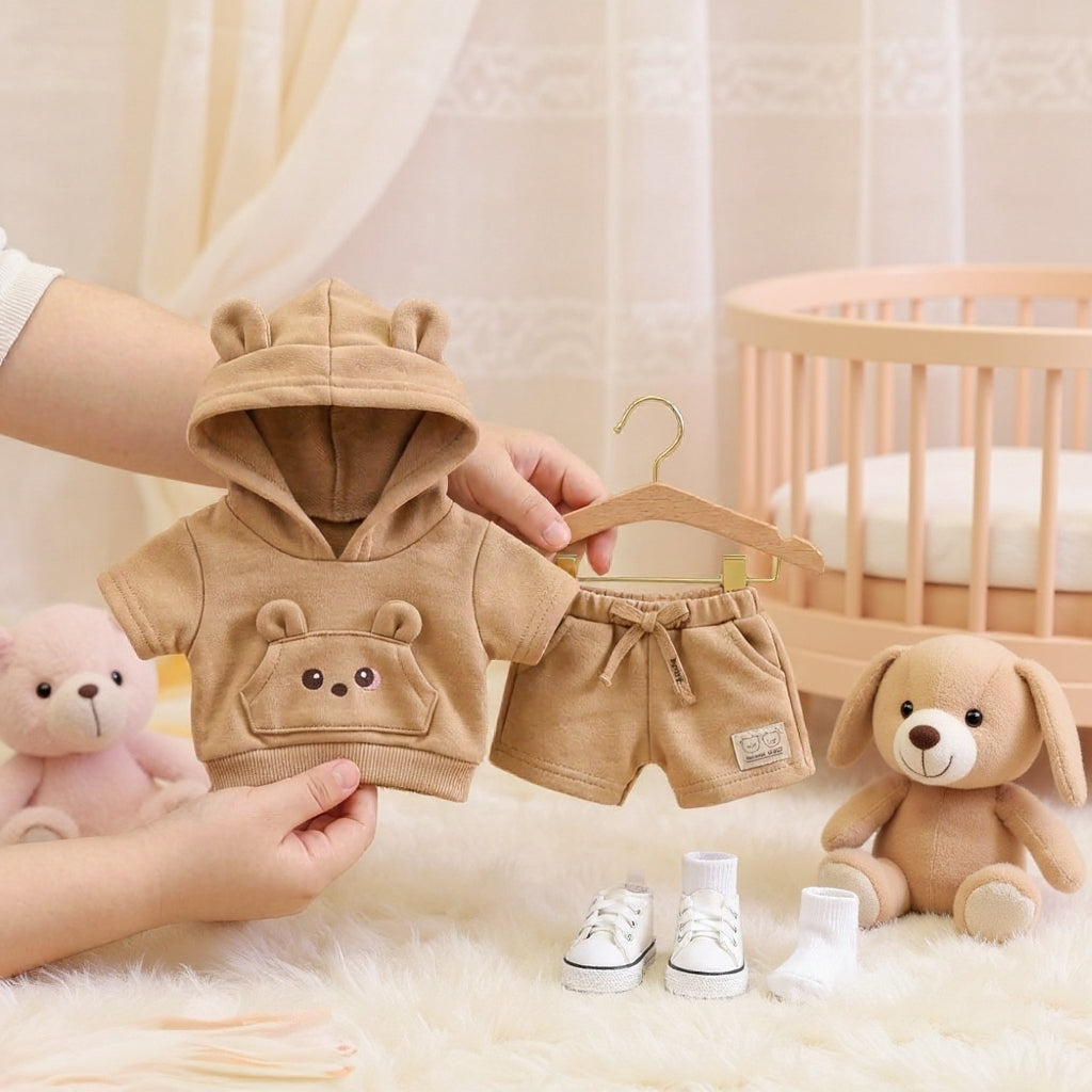 Adorable Bear-Ear Hoodie & Shorts Co-ord Set for Babies – Soft Cotton, Cute Pouch Pocket Design (Cream/Brown)