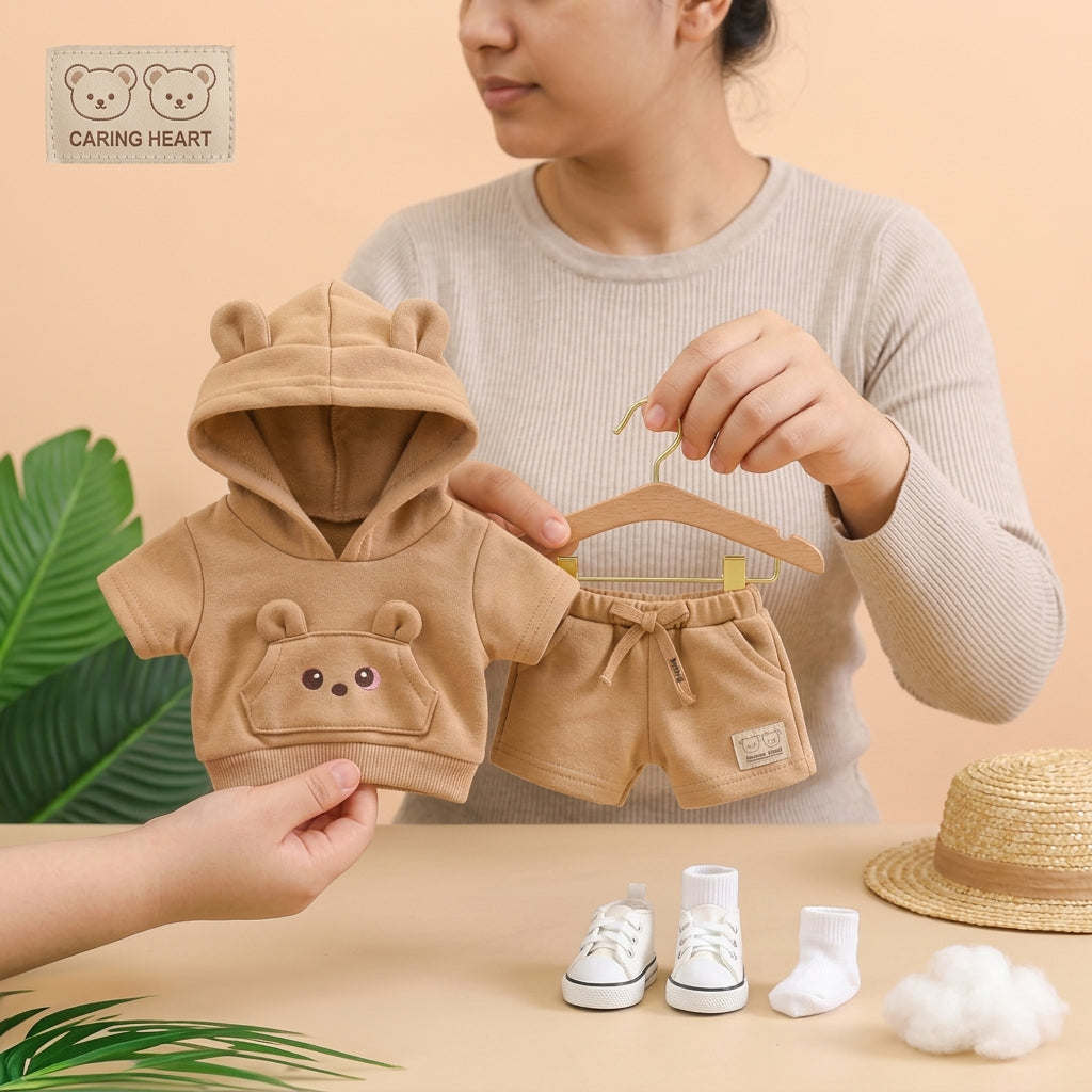 Adorable Bear-Ear Hoodie & Shorts Co-ord Set for Babies – Soft Cotton, Cute Pouch Pocket Design (Cream/Brown)