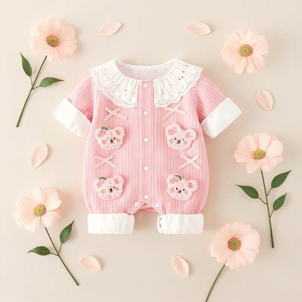 Summer Journey Baby Romper – Pink, Light Yellow & Beige Cute Teddy Cotton Outfit (C