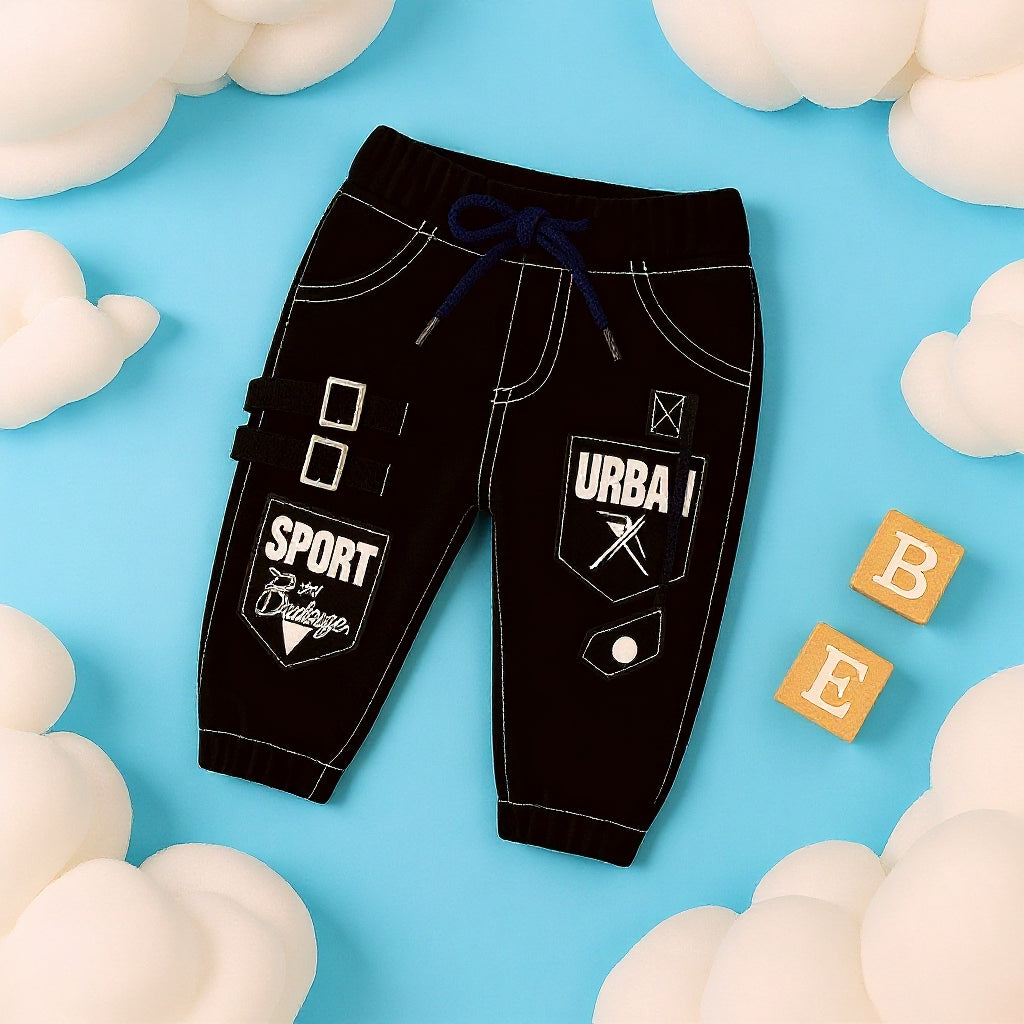 Baby Boys Stylish Black Cargo Jogger Pants | Soft & Comfortable Cotton Bottom Wear