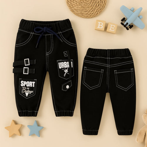 Baby Boys Stylish Black Cargo Jogger Pants | Soft & Comfortable Cotton Bottom Wear