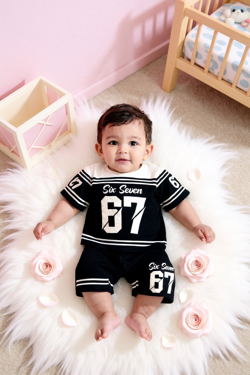 Cute Six Seven 67 Kids Summer Co-Ord Set | Soft Cotton T-Shirt & Shorts Outfit for Boys & Girls