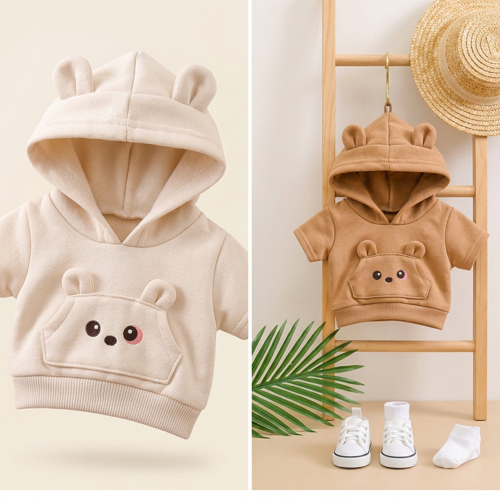 Adorable Bear-Ear Hoodie & Shorts Co-ord Set for Babies – Soft Cotton, Cute Pouch Pocket Design (Cream/Brown)