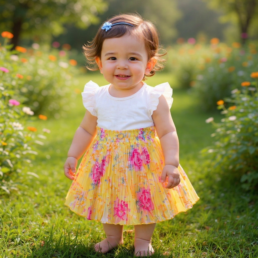 Baby Girls Yellow Floral Pleated Skirt | Soft Elastic Waist | Cute & Stylish Single Piece Skirt