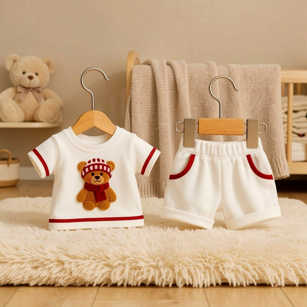 Cute Teddy Bear White & Red Ribbed Co-ord Set for Babies 🧸
