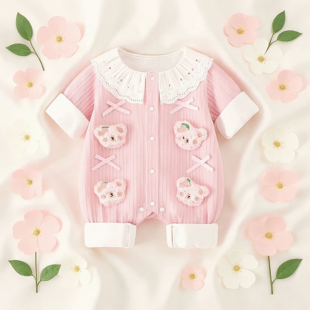 Summer Journey Baby Romper – Pink, Light Yellow & Beige Cute Teddy Cotton Outfit (C