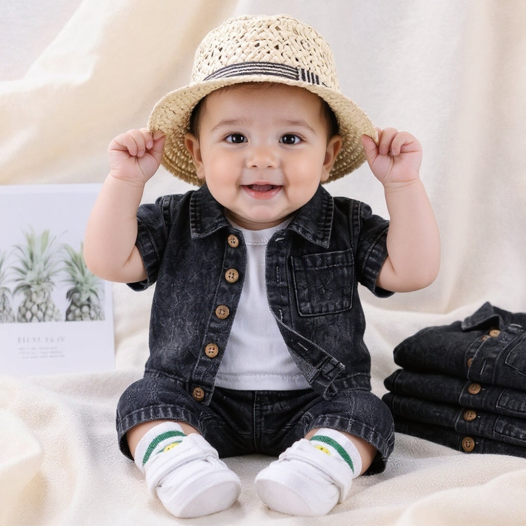Baby & Kids Denim Co-ord Set | Shirt + T-Shirt + Shorts | Unisex (8M–5Y)