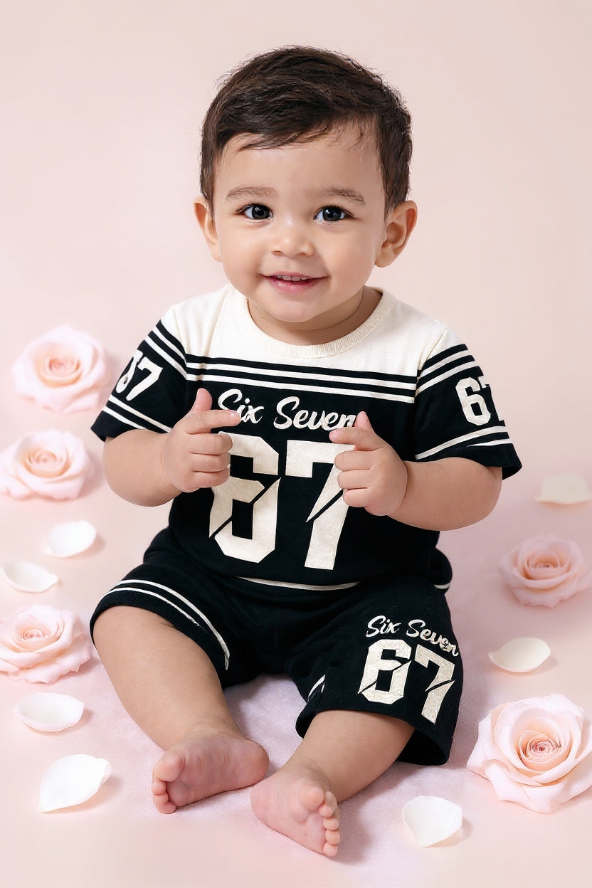 Cute Six Seven 67 Kids Summer Co-Ord Set | Soft Cotton T-Shirt & Shorts Outfit for Boys & Girls