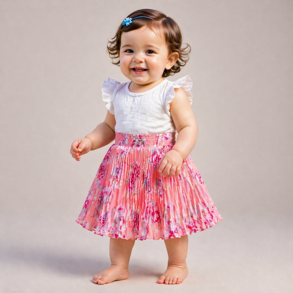 Baby Girls Pink Floral Pleated Skirt | Soft Elastic Waist | Cute Stylish Single Piece Skirt