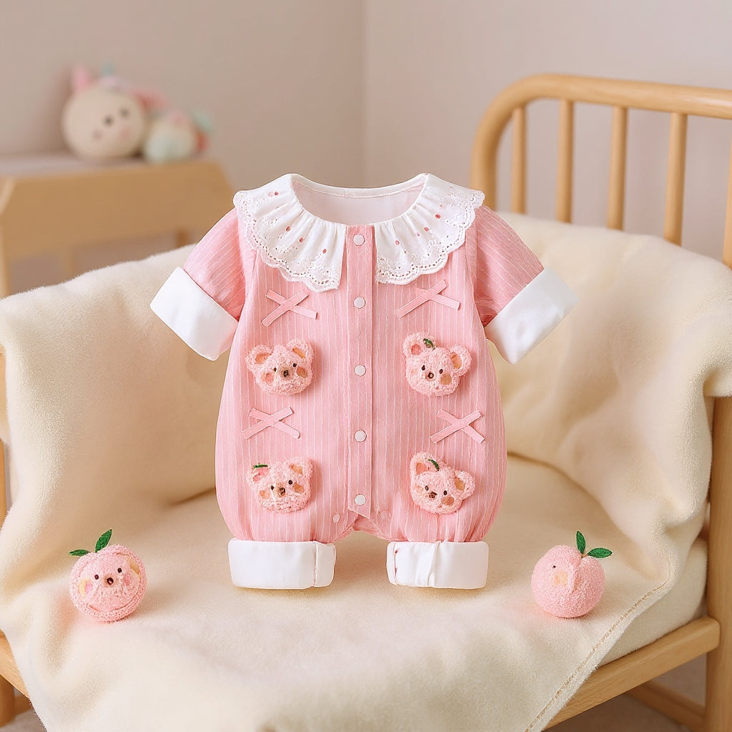Summer Journey Baby Romper – Pink, Light Yellow & Beige Cute Teddy Cotton Outfit (C