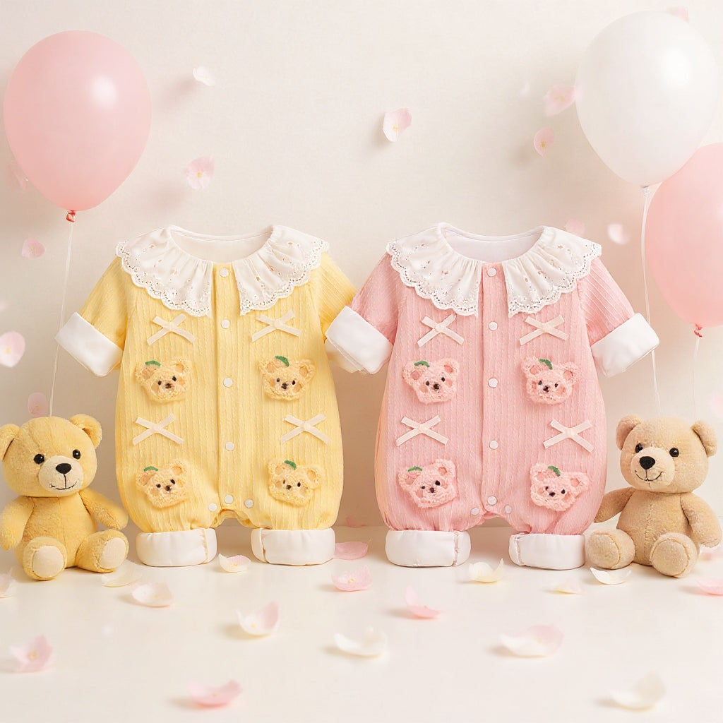 Summer Journey Baby Romper – Pink, Light Yellow & Beige Cute Teddy Cotton Outfit (C