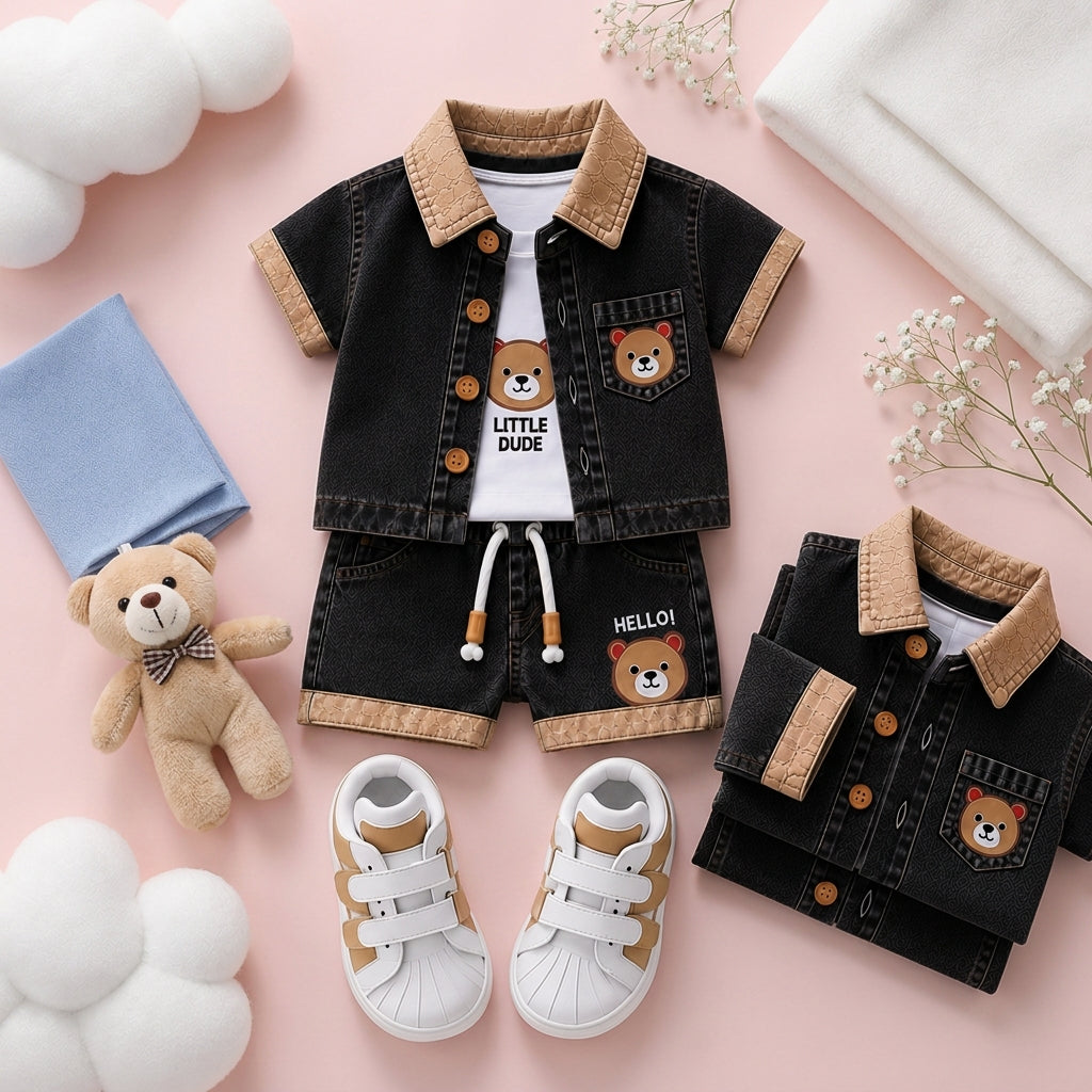 Baby Boys Denim Bear Printed Shirt & Shorts Set 💙🐻