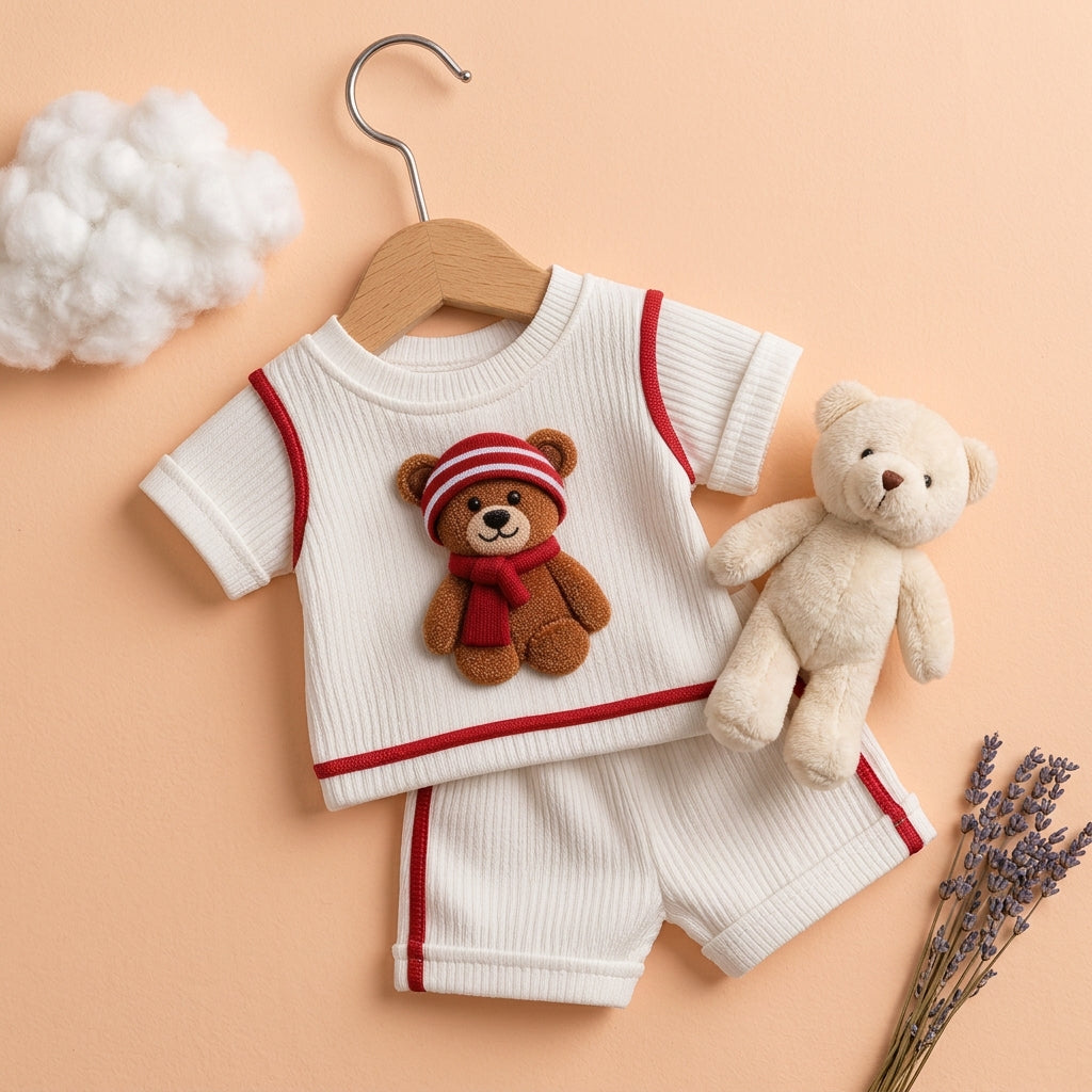 Cute Teddy Bear White & Red Ribbed Co-ord Set for Babies 🧸