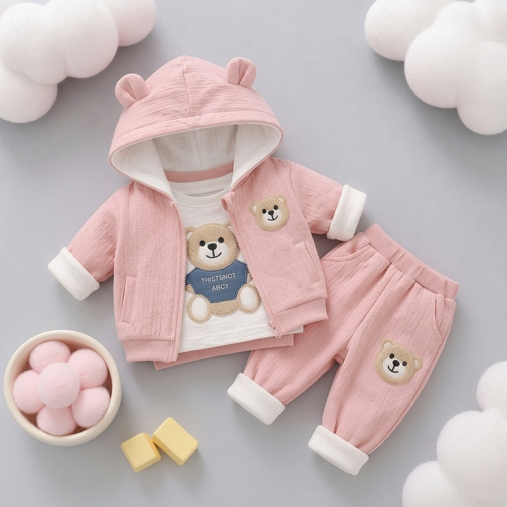 🧸 Cute Bear Hoodie 3-Piece Baby Clothing Set | Soft Cotton Blend Jacket, T-Shirt & Jogger Pant | Premium Kids Outfit | Unisex | All Season Wear (0-5 Years)