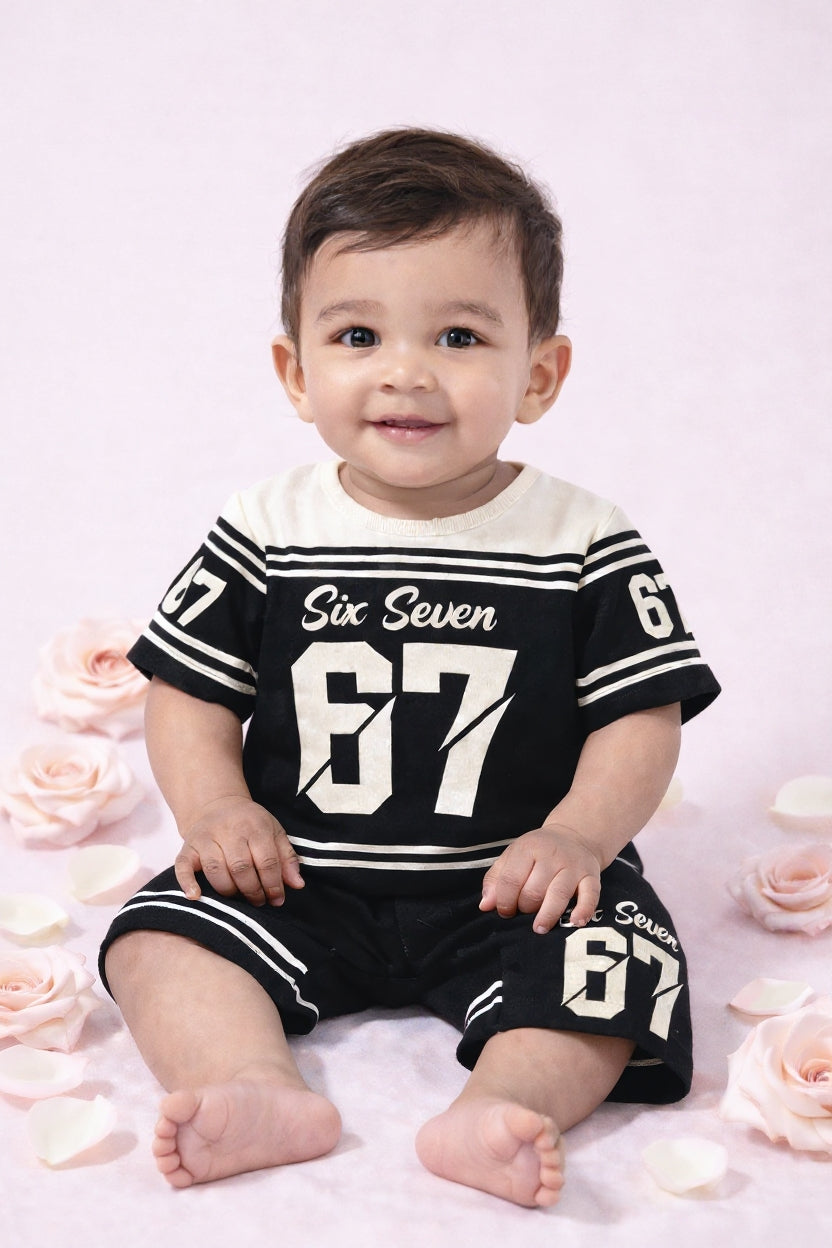 Cute Six Seven 67 Kids Summer Co-Ord Set | Soft Cotton T-Shirt & Shorts Outfit for Boys & Girls