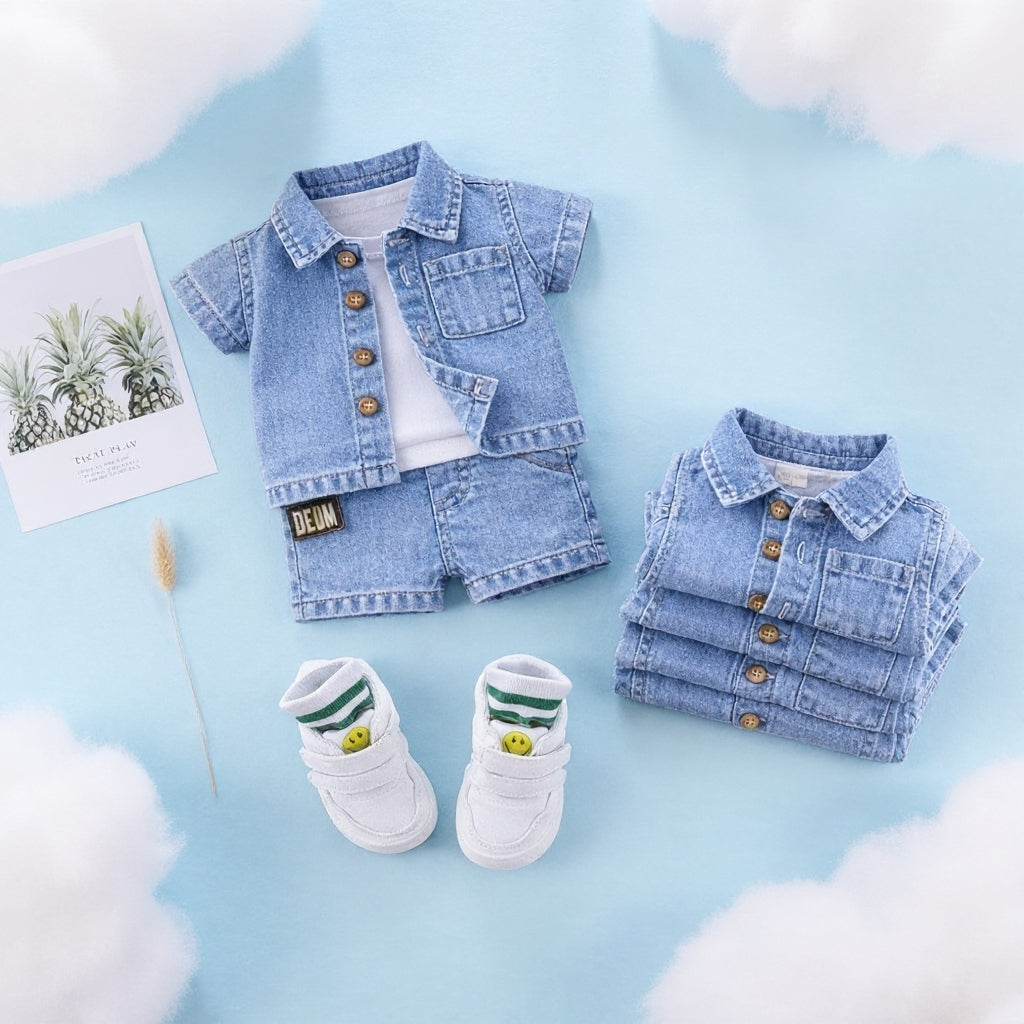 ✨ Cute Baby Denim Outfit Set – Shirt, T-Shirt & Shorts Combo 👶💙