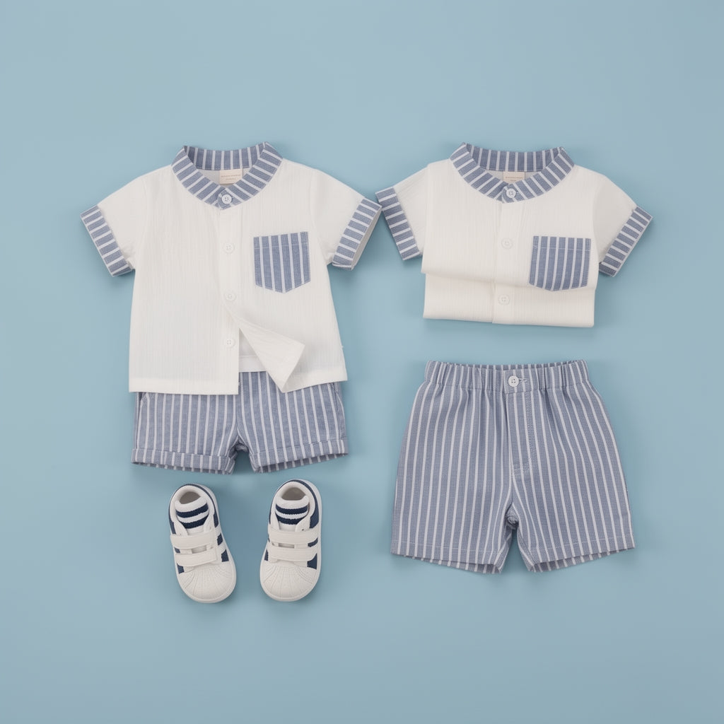 Baby Boys White & Sky Blue Striped Summer Co-Ord Set