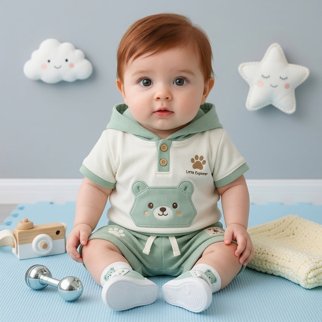 🐻 Baby Bear Hoodie Co-ord Set – Cute 3D Ear Hoodie T-Shirt & Shorts | Little Explorer Print | Available in Sage Green & Beige Brown