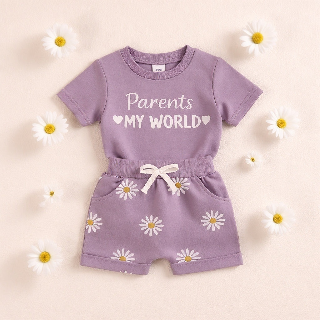 🌸 Parents My World Kids Summer Co-Ord Set 💖 | Soft Cotton T-Shirt & Daisy Shorts Combo (3 Colors, 0–5 Years)