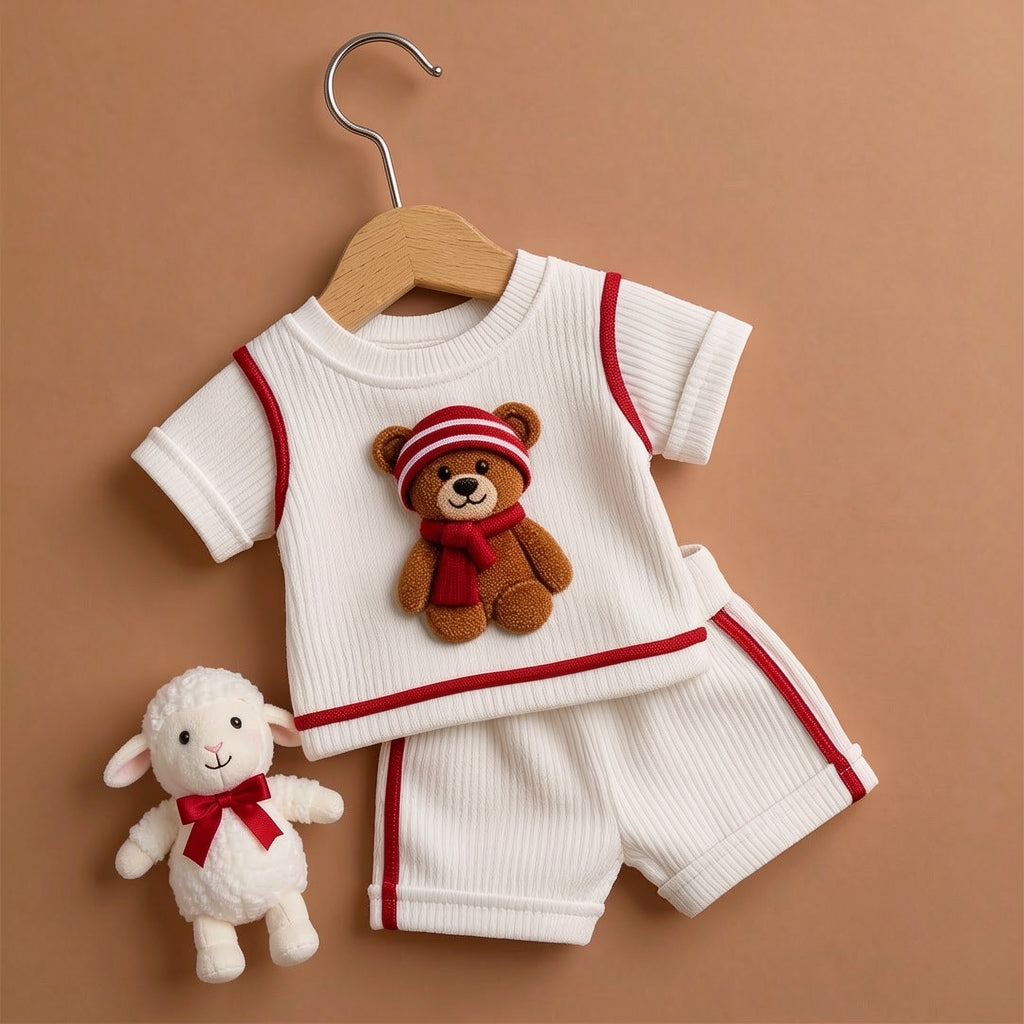 Cute Teddy Bear White & Red Ribbed Co-ord Set for Babies 🧸