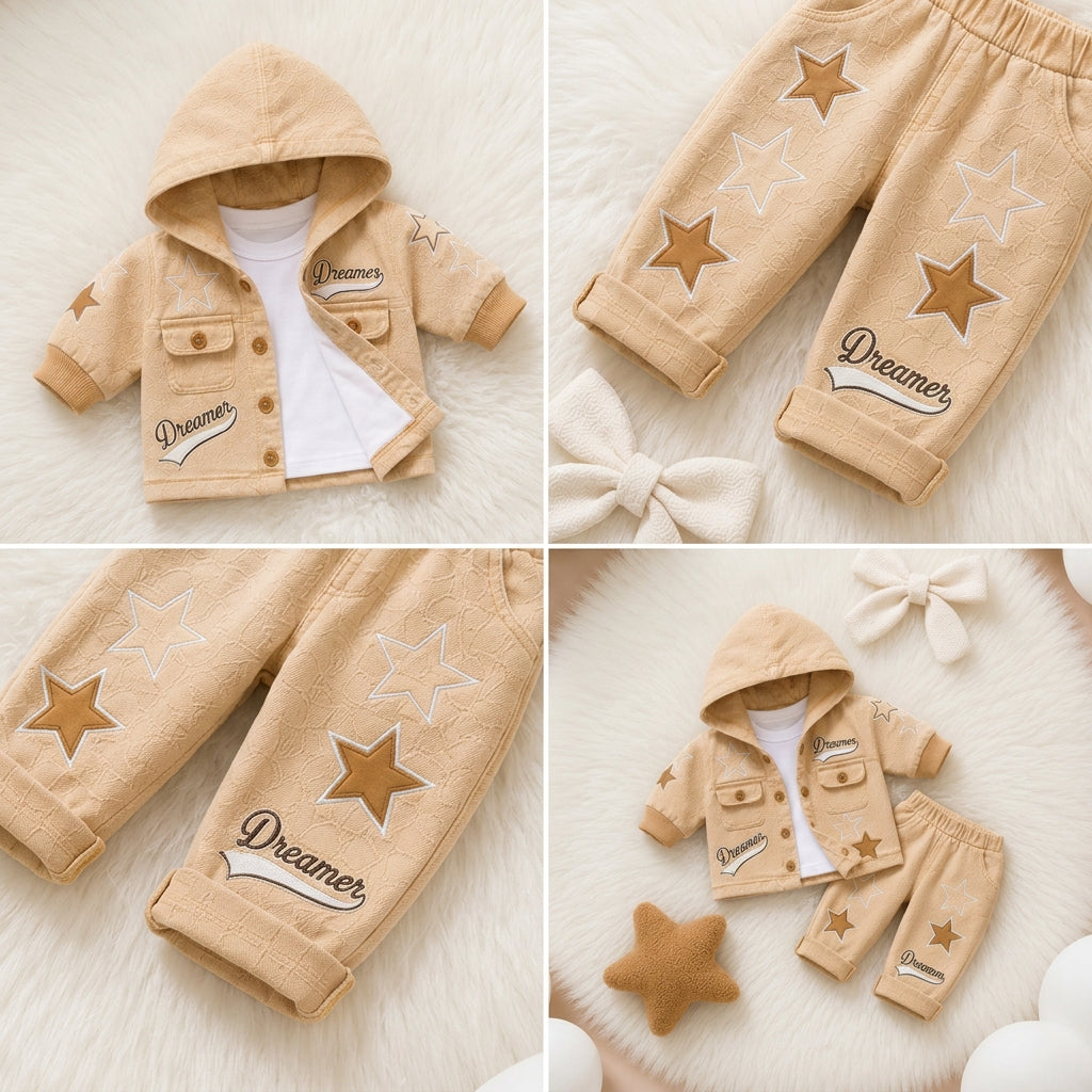 Dreamer Star Denim Jacket & Pants Set for Baby Boys 🌟 Premium 3-Piece Co-ord Set | 4 Colors Available