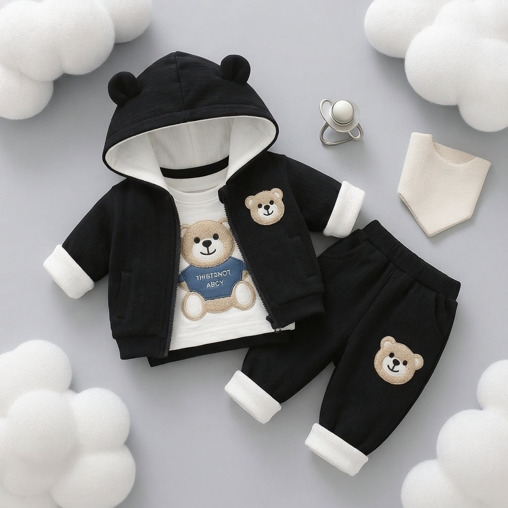🧸 Cute Bear Hoodie 3-Piece Baby Clothing Set | Soft Cotton Blend Jacket, T-Shirt & Jogger Pant | Premium Kids Outfit | Unisex | All Season Wear (0-5 Years)