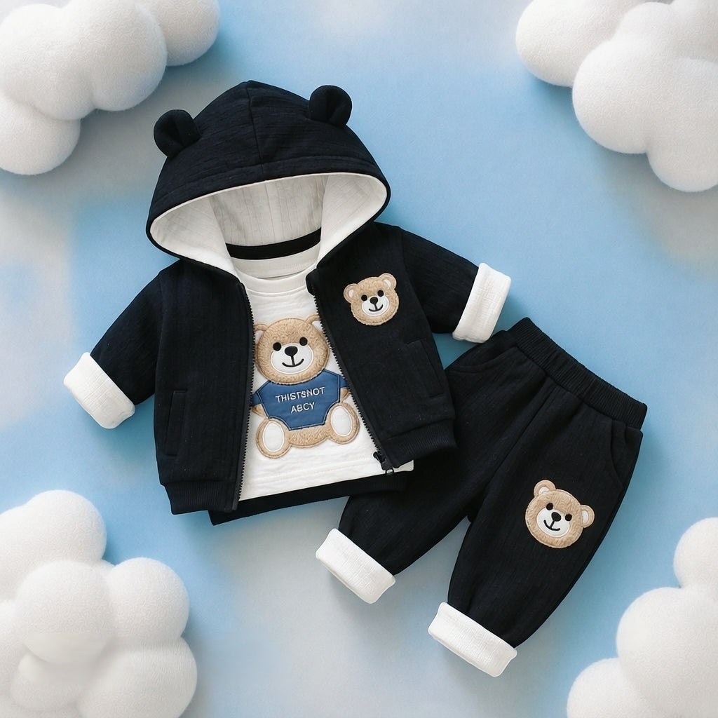 🧸 Cute Bear Hoodie 3-Piece Baby Clothing Set | Soft Cotton Blend Jacket, T-Shirt & Jogger Pant | Premium Kids Outfit | Unisex | All Season Wear (0-5 Years)