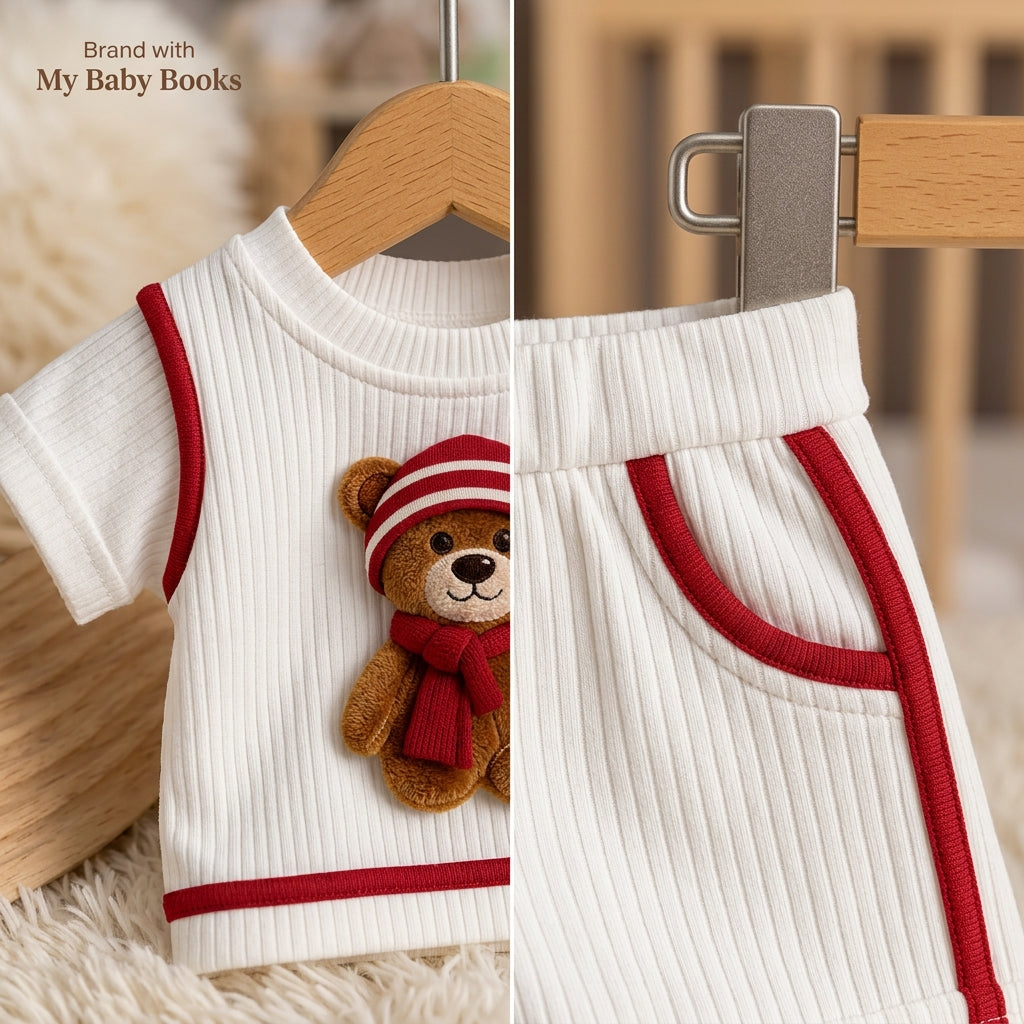 Cute Teddy Bear White & Red Ribbed Co-ord Set for Babies 🧸
